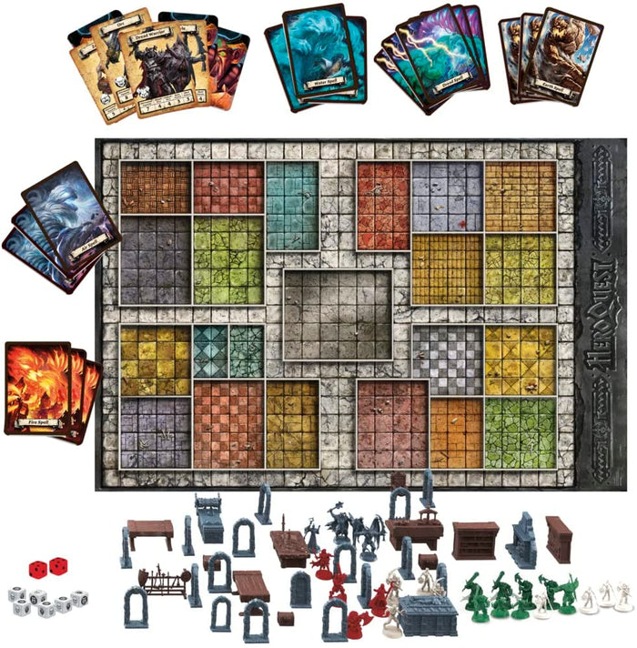 Fantasy board game layout with a gridded map, spell cards, red dice, and various plastic miniatures and furniture.
