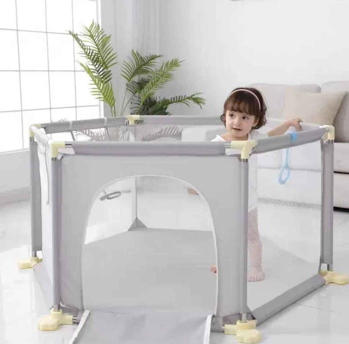 Hexagon Baby Playpen by Baby Way NZ with zipper door, safe play yard for kids, providing a secure play area with breathable sides.