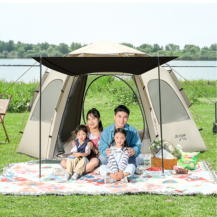 Medium green ECOTREK hexagonal camping tent with durable fabric and quick setup for outdoor camping adventures.