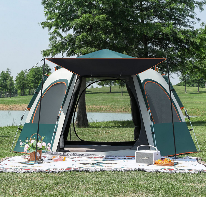 Medium green ECOTREK hexagonal camping tent with durable fabric and quick setup, ideal for outdoor camping adventures.