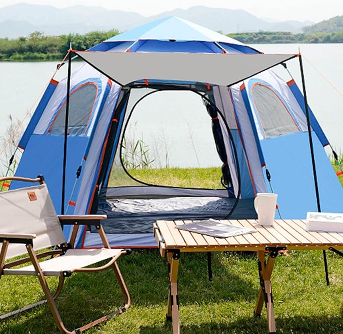 EcoTrek hexagonal camping tent in medium green, durable design with quick setup for outdoor camping adventures.