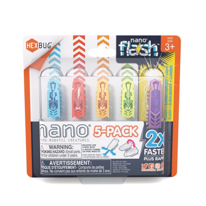 Five vibrant, translucent robotic bugs in clear blister packaging with orange and white branding.
