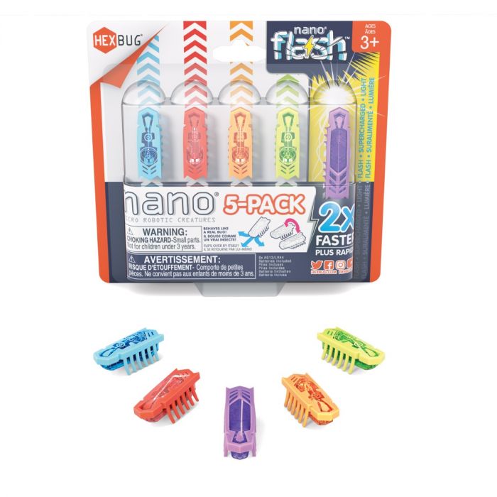 Five colorful robotic bugs in blue, red, purple, orange, and green in front of their 5-pack retail packaging.