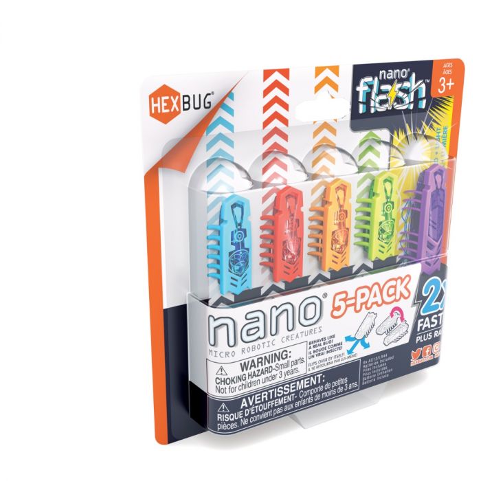 Five colorful robotic bugs in blue, red, orange, green, and purple inside a clear retail blister pack.