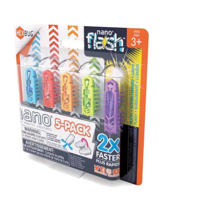 Five blue, red, orange, green, and purple robotic bugs in a 5-pack retail box with nano flash and 2x faster logos.
