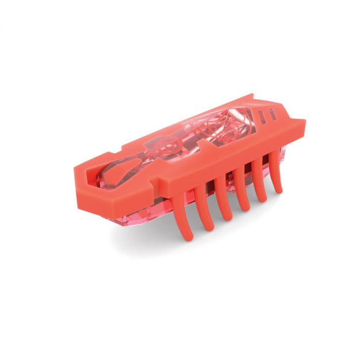 Small red robotic bug toy with a translucent body showing internal parts and multiple flexible rubber legs.