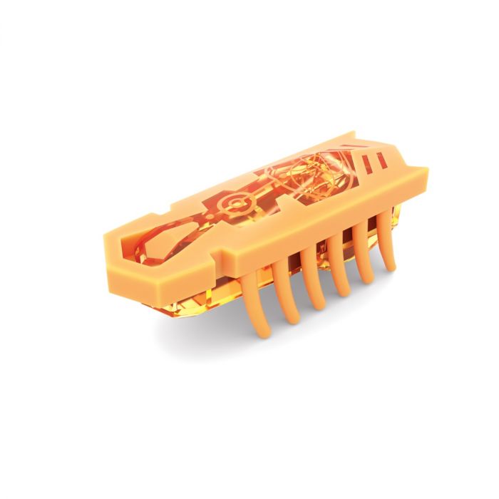 Bright orange translucent robot bug with multiple flexible legs and visible internal mechanical parts.