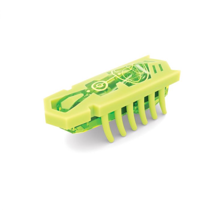 Translucent neon green robotic bug toy with internal circuit patterns and multiple flexible rubber legs.