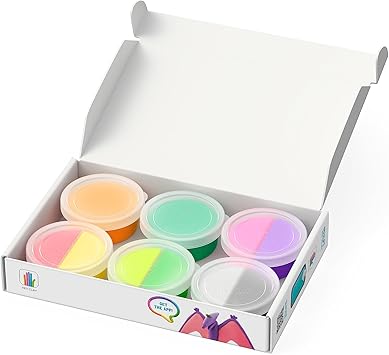 Open white box with six canisters of vibrant modeling clay, including some split with two different colors.