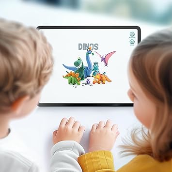 Two children look at a tablet screen showing colorful, sculpted clay dinosaurs and the word DINOS on a white background.