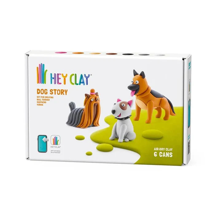 White box for dog-themed air-dry clay set showing sculpted models of a brown Yorkie, white bull terrier, and tan shepherd.