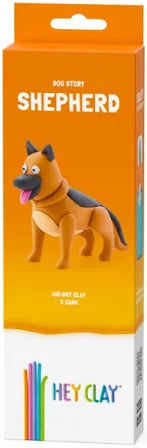 Orange and white box for Hey Clay featuring a clay German Shepherd model and text for a 3-can air-dry clay kit.