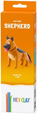 Orange and white box for Hey Clay featuring a clay German Shepherd model and text for a 3-can air-dry clay kit.
