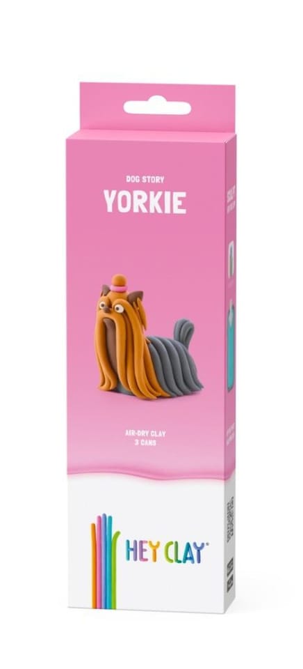 Pink box for Hey Clay Yorkie kit featuring a tan and grey clay dog model and 3 cans of air-dry clay.