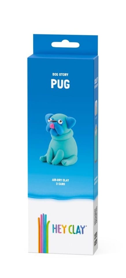 Blue Hey Clay box featuring a turquoise air-dry clay pug figurine, labeled Dog Story Pug with three cans included.