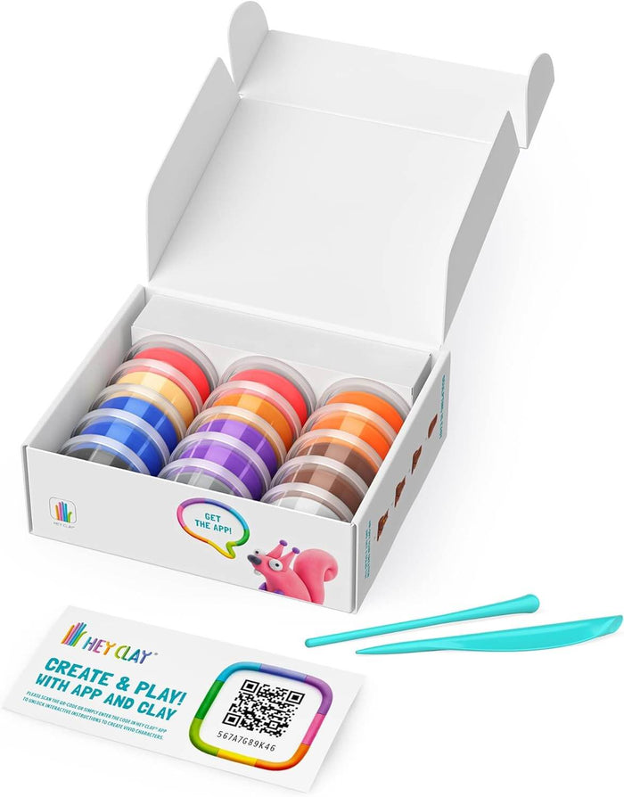 Open white box of 15 colorful modeling clay tubs with two teal sculpting tools and an instruction card with QR code.