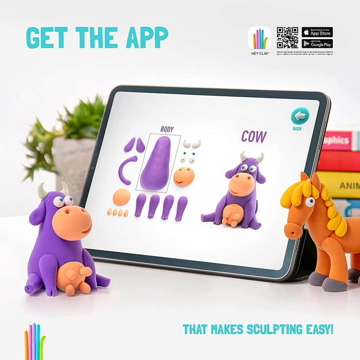 Purple clay cow and orange horse next to a tablet showing step-by-step sculpting instructions in the Hey Clay app.