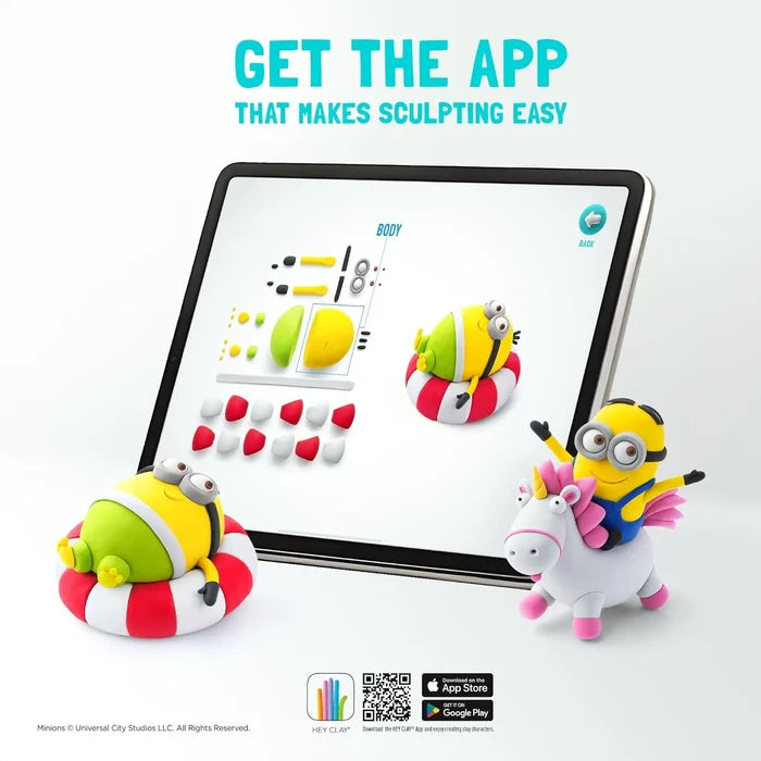 Tablet showing a sculpting app next to clay figures of Minions on a life ring and riding a white unicorn.