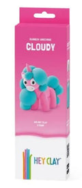 Pink Hey Clay box featuring a pink clay unicorn named Cloudy with a large teal mane and tail.