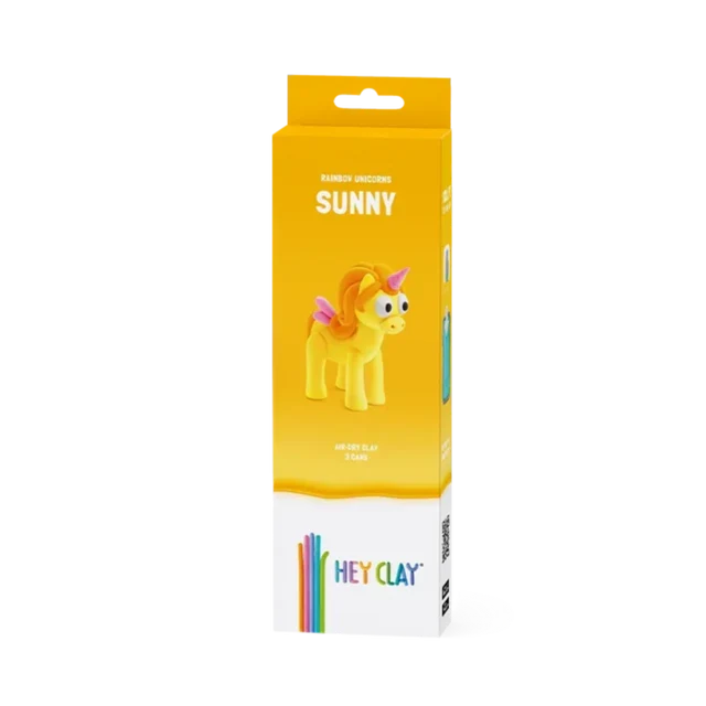 Yellow and white vertical box showing a sculpted yellow clay unicorn with an orange mane and pink wings.