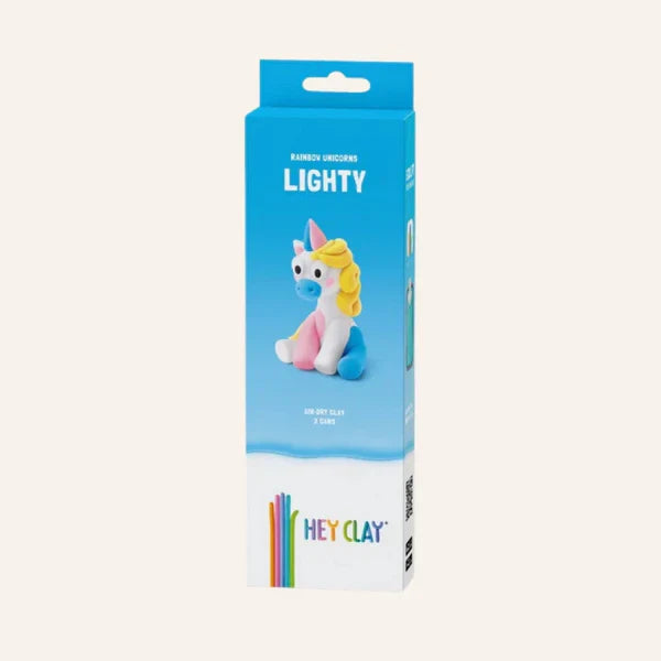 Vertical blue box showing a white clay unicorn with yellow hair and pink and blue accents above the Hey Clay logo.
