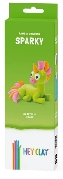 Green box for Hey Clay Sparky featuring a lime green clay unicorn with a pink and orange mane and big googly eyes.