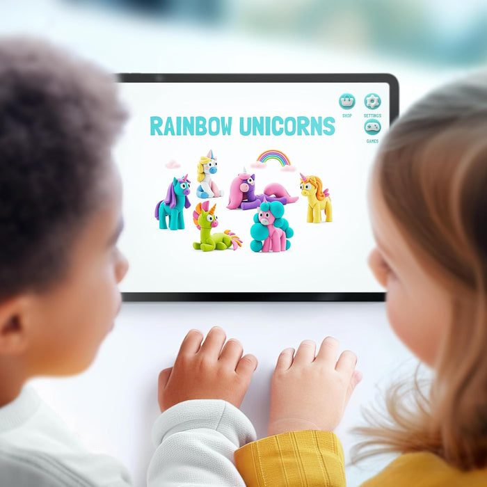 Two children look at a tablet screen showing six colorful clay-style unicorn figures and the text Rainbow Unicorns.
