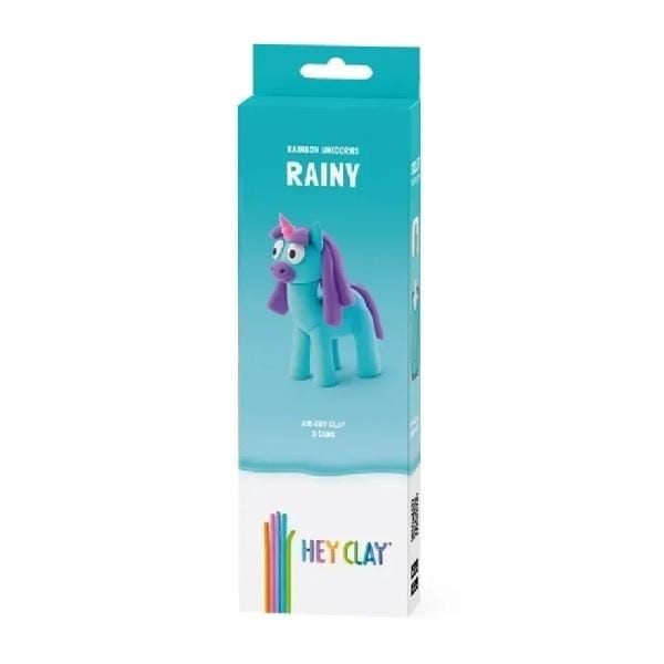 Teal box for Hey Clay air-dry clay showing a sculpted blue unicorn with a purple mane and colorful clay sticks.