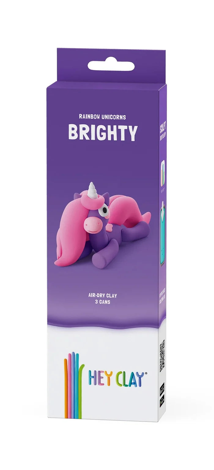 Purple Hey Clay box for Brighty the Rainbow Unicorn air-dry clay, featuring a purple clay unicorn with a pink mane.