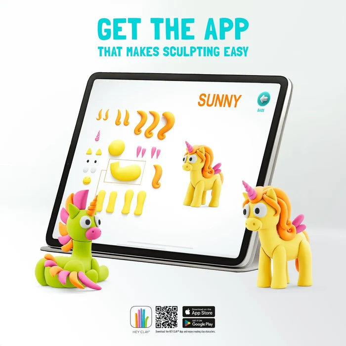 Tablet showing clay sculpting steps next to completed yellow and green unicorn figures.