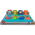 Teal safari pop-up toy with four animal figures and shaped buttons in its white retail box.