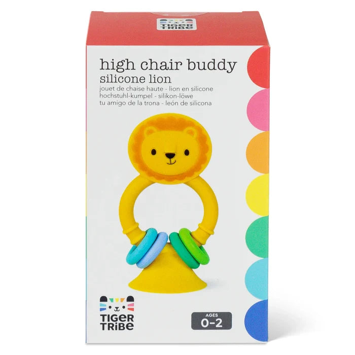 Yellow silicone lion toy packaging with a suction cup base and colorful blue and green rings.