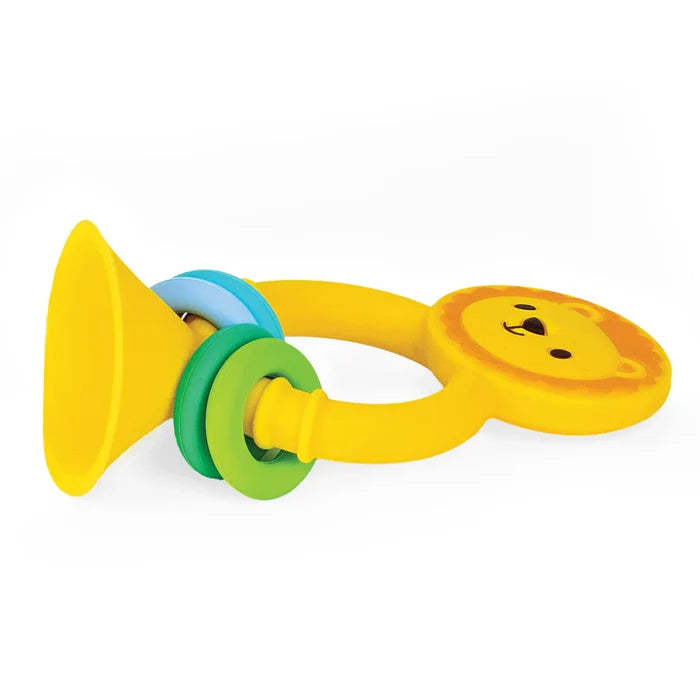 Yellow silicone toy with a lion face, trumpet end, and blue and green sliding rings on a curved handle.
