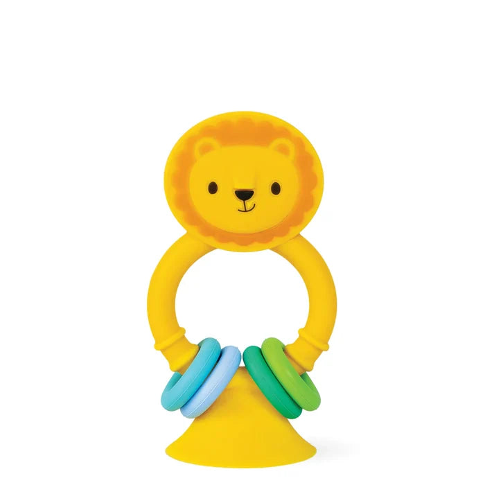 Yellow silicone lion toy with a suction cup base and four colorful sliding rings on its ring-shaped body.