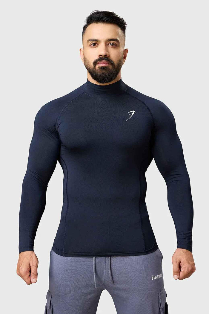 Navy high neck compression T-shirt with full sleeves by Fuaark Nz, designed for athletic support and comfort.