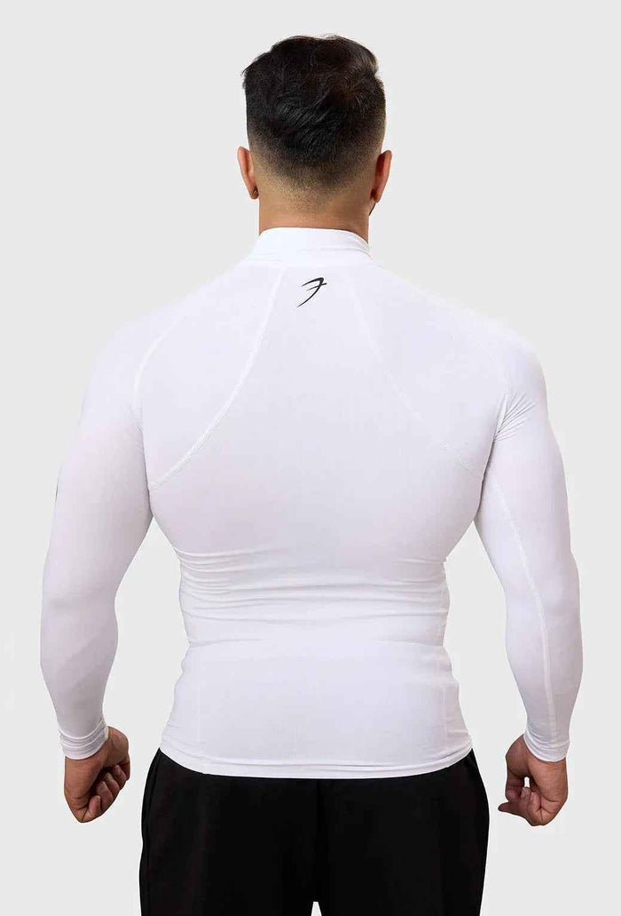 White high neck compression full sleeves T-shirt by Fuaark Nz, designed for comfort and support, shown on a plain background.