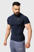 Navy high neck compression T-shirt by Fuaark NZ, close-up of fitted athletic T-shirt with high neckline and smooth fabric.