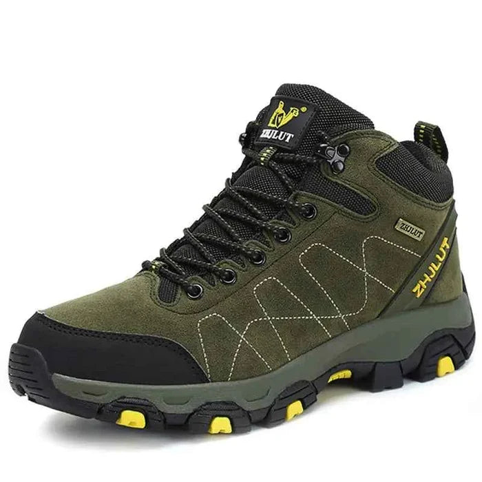 Green high-top cotton boots for couples, winter hiking shoes by Mead's Supply & Equipment Outfitters, featuring durable footwear design.