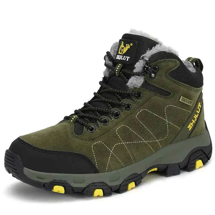 Green high-top cotton boots for couples, winter hiking footwear by Mead's Supply & Equipment Outfitters, showcasing durable outdoor design.