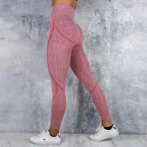 Blue high waist knitted yoga pants for women, seamless stretch activewear, athletic leggings by Mead's Supply & Equipment Outfitters.
