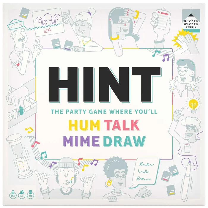 White square box for HINT party game with colorful line-art people humming, talking, miming, and drawing clues.