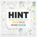 White square box for HINT party game with colorful line-art people humming, talking, miming, and drawing clues.