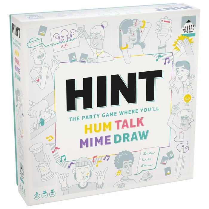 White board game box with HINT in large black text and colorful line-drawn illustrations of people hum, talk, mime, draw.
