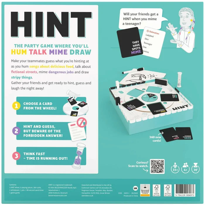 Teal and white graphic for HINT game showing a game board wheel, cards, sand timer, and gameplay instructions.
