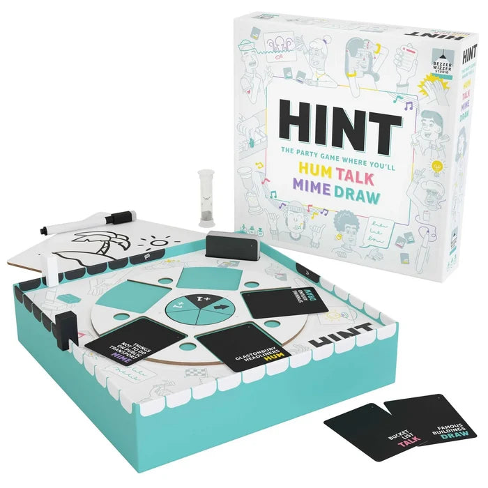 White and teal party game box displaying a circular board, black cards, sand timer, and drawing board with marker pen.