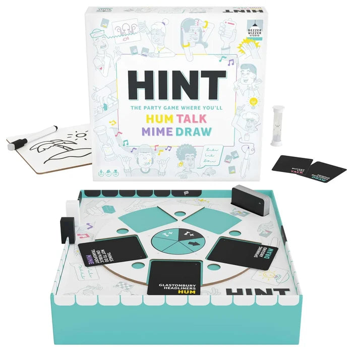 White and teal Hint game box with open game board, black cards, sand timer, and dry-erase drawing board.