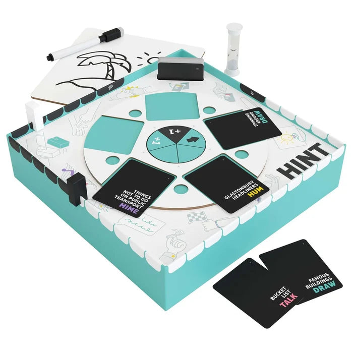 Teal and white board game featuring a rotating wheel, black cards, an hourglass, and a dry-erase board with a drawing.