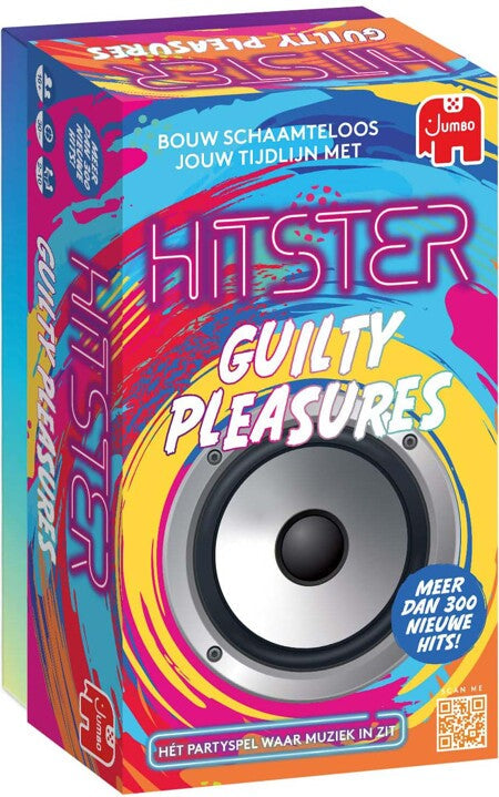 Vibrant neon blue and pink Hitster game box featuring paint-swirl designs and a large silver speaker.