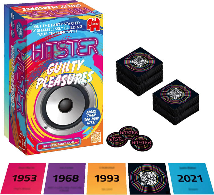 Hitster music game box with speaker art, stacks of QR cards, round tokens, and colorful cards showing various years.