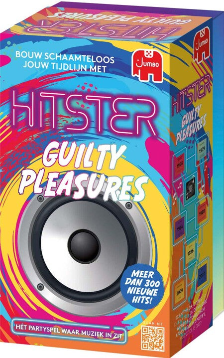 Hitster Guilty Pleasures game box featuring a central speaker graphic and neon pink text over vibrant, colorful swirls.